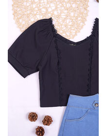 Square Neck Lace Trim Cuff Sleeve Top & Denim Short Pants Set (Black+Light Denim)